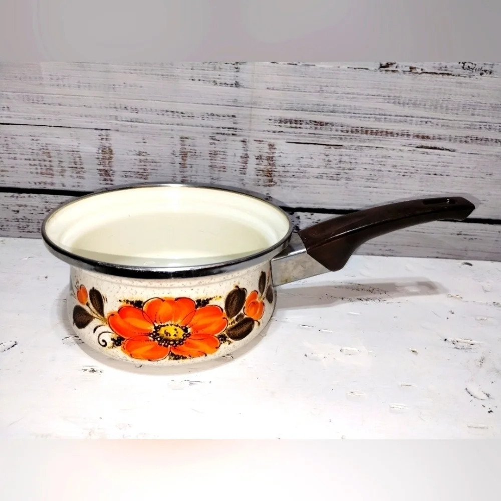 Sanko Ware Show Pans Vintage 80s‎ Enameled Pot with Handle Orange Flower